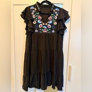Black Embroidered Ruffle Sleeve Dress